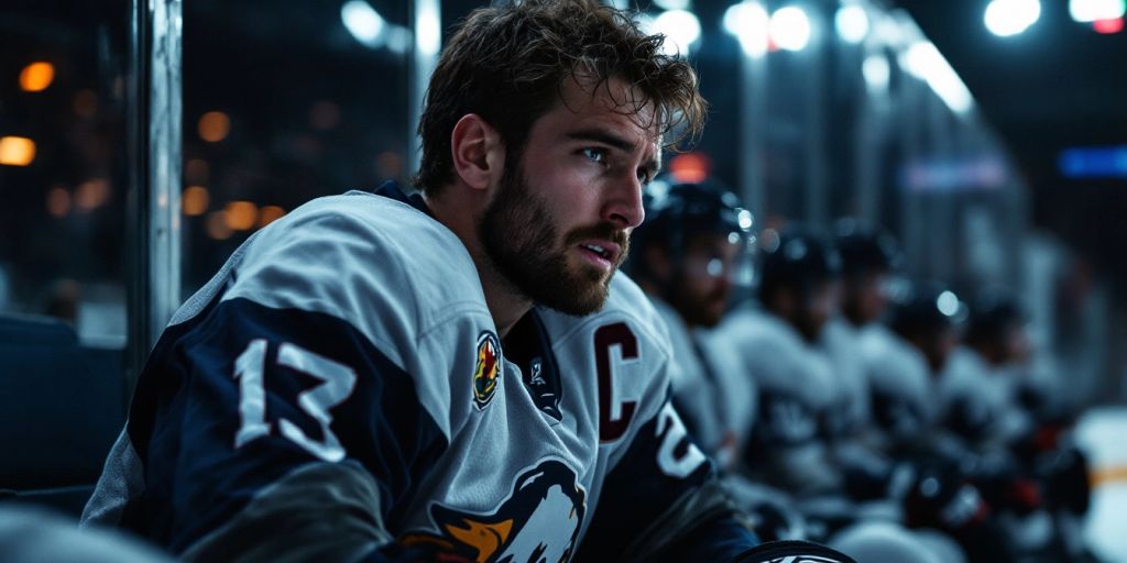 Hockey player injured on the bench, looking distressed.