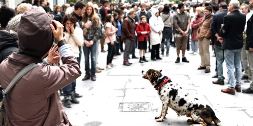 Crowd reacting to a stray dog in urban area.