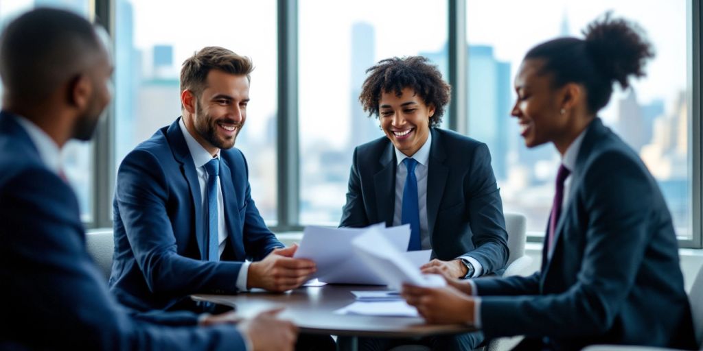 Group of lawyers collaborating in an office setting.