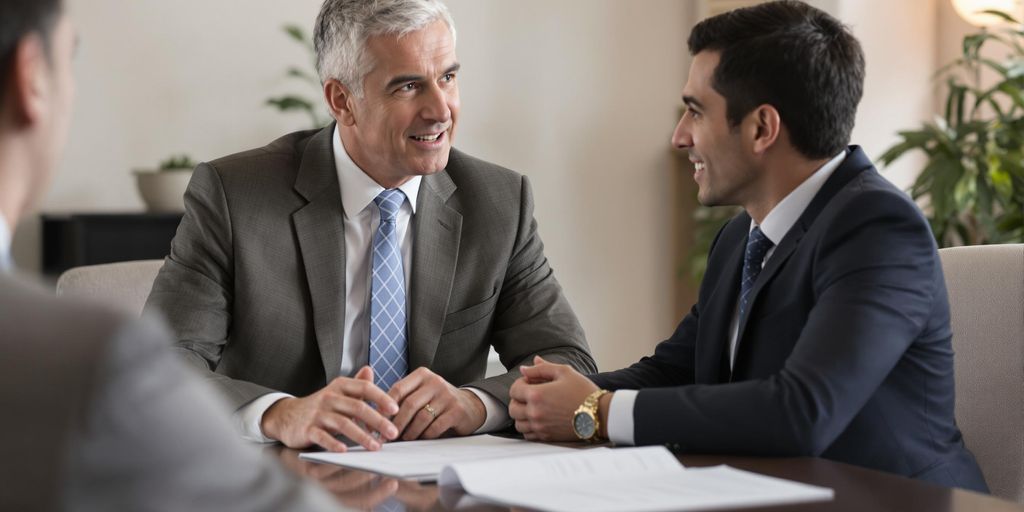 Lawyer consulting with client in a professional office setting.