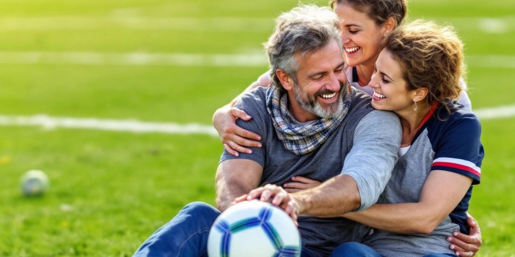 A woman helping her husband play football.