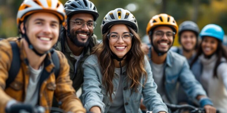 People wearing helmets during outdoor sports activities.