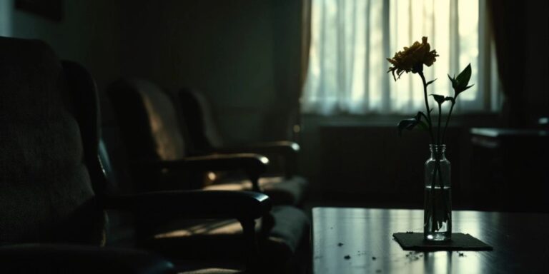 Empty nursing home room with dim lighting and shadows.