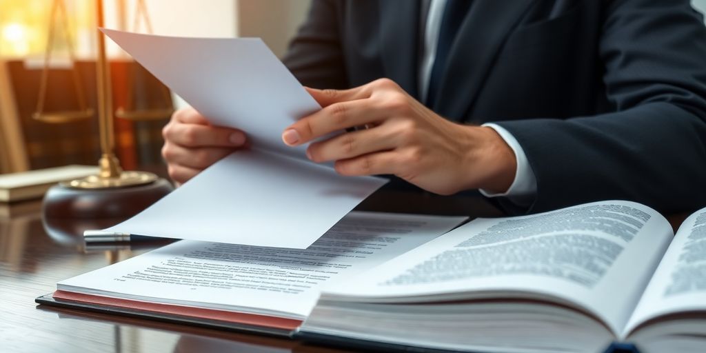 Lawyer reviewing legal documents in an office setting.