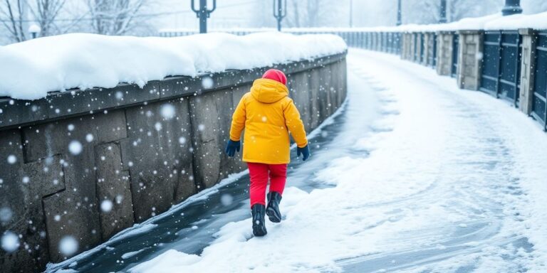 Person walking cautiously on an icy, snowy path.