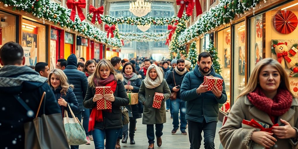 Busy holiday scene with shoppers and festive decorations.