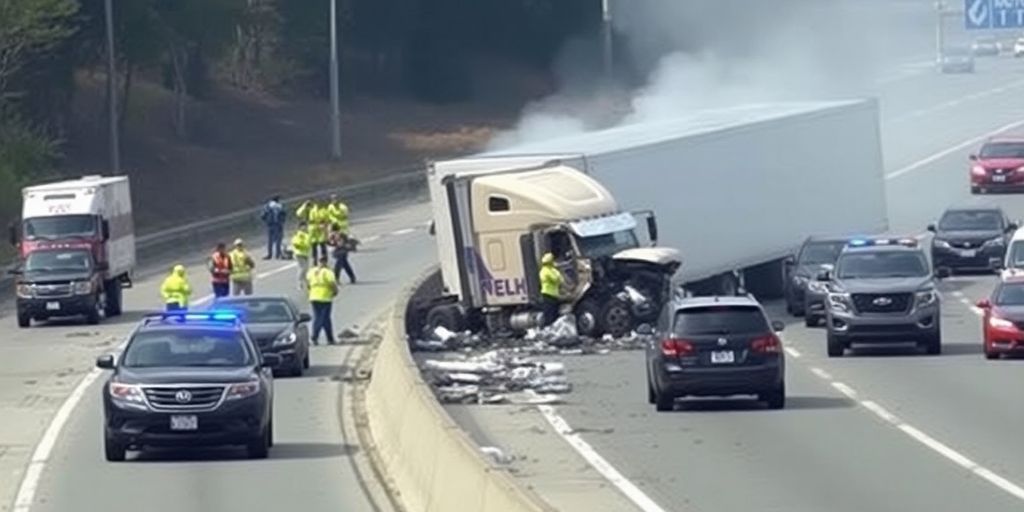 Semi-truck collision causing traffic disruption on the highway.