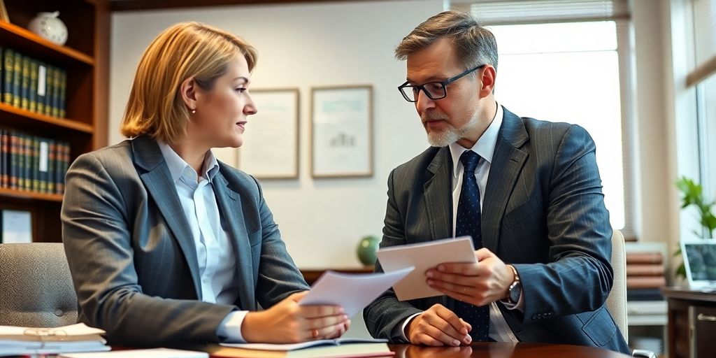 Lawyer consulting with a client in an office.