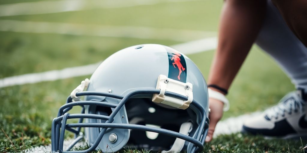 A football helmet on the grass, indicating concussions.