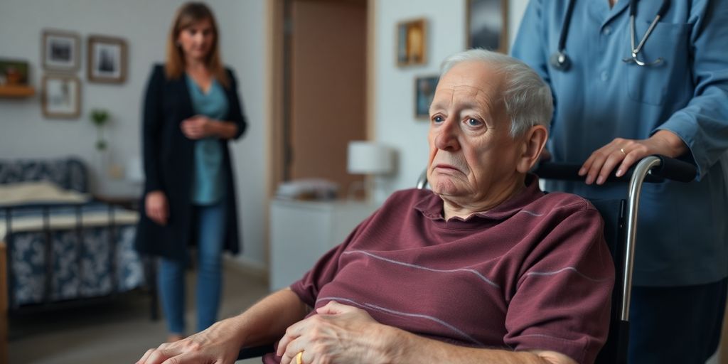 Elderly person in distress at nursing home.