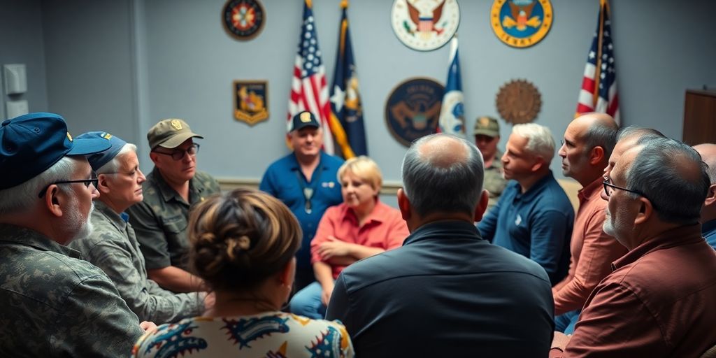 Veterans in discussion, expressing unity and support.