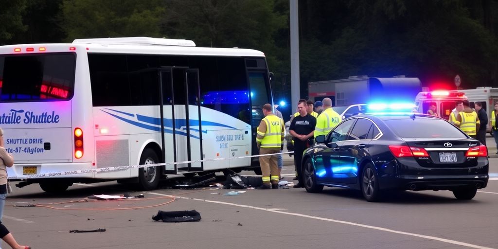 Crash scene with damaged shuttle bus and two vehicles.