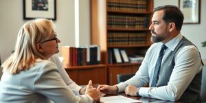 Attorney consulting with a client in a law office.