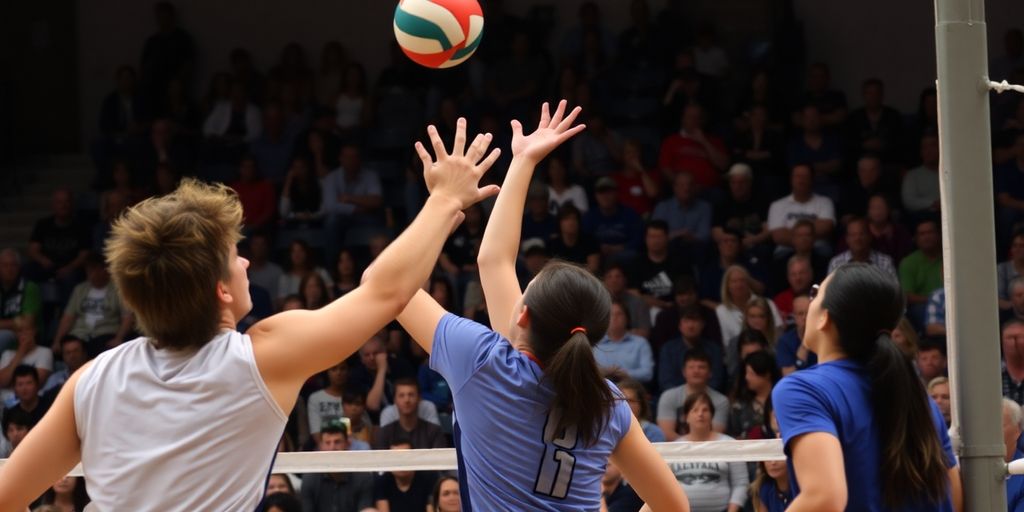 Volleyball players in action during a tense match.