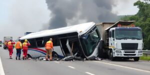 Bus and truck collision on a highway in Brazil.