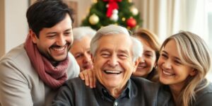 Elderly man surrounded by family, celebrating a victory.