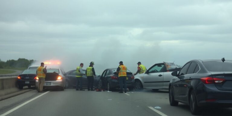 Emergency responders at a six-vehicle collision site.