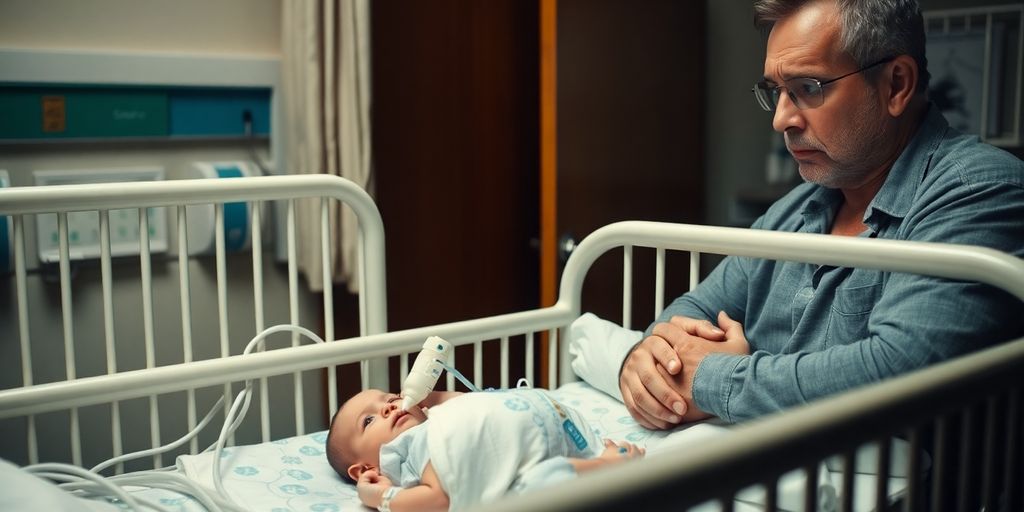 Father looking at baby in hospital crib, worried expression.