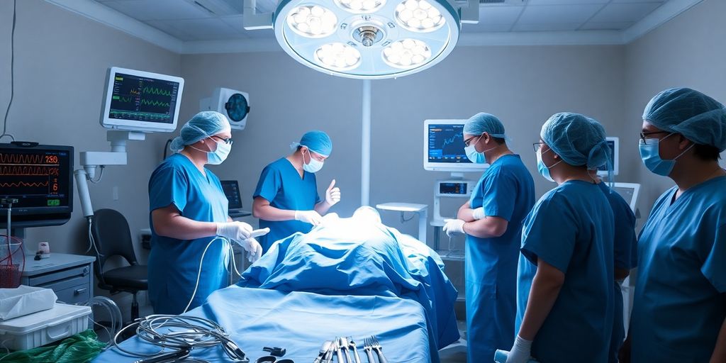 Doctors in scrubs preparing for emergency brain surgery.