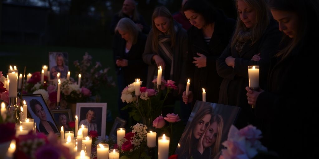 Candlelight vigil for Cork mother with flowers and mourners.