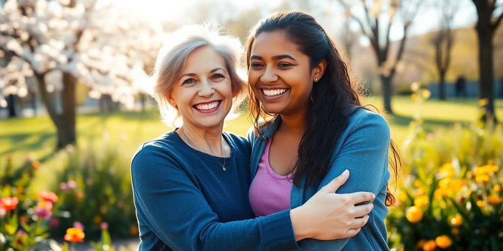 Mother and daughter joyfully embrace in a sunny park.