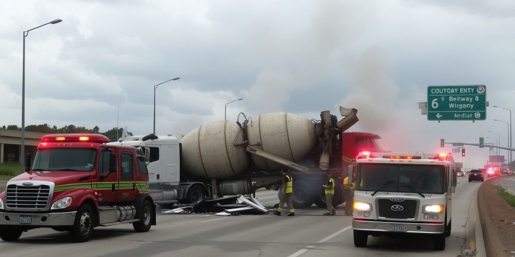 Wrecked cement truck on Beltway 8 with emergency responders.