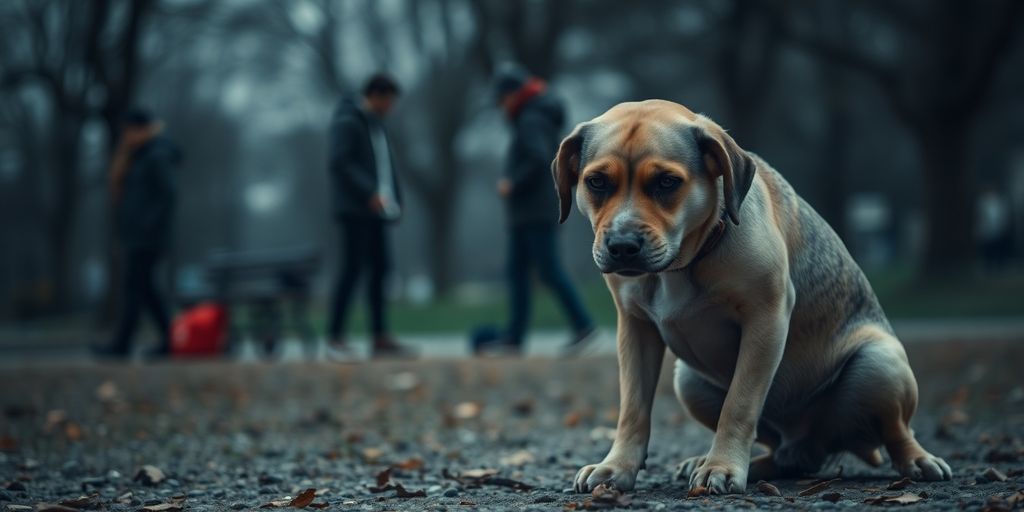 Distressed dog in park, evoking concern and tension.