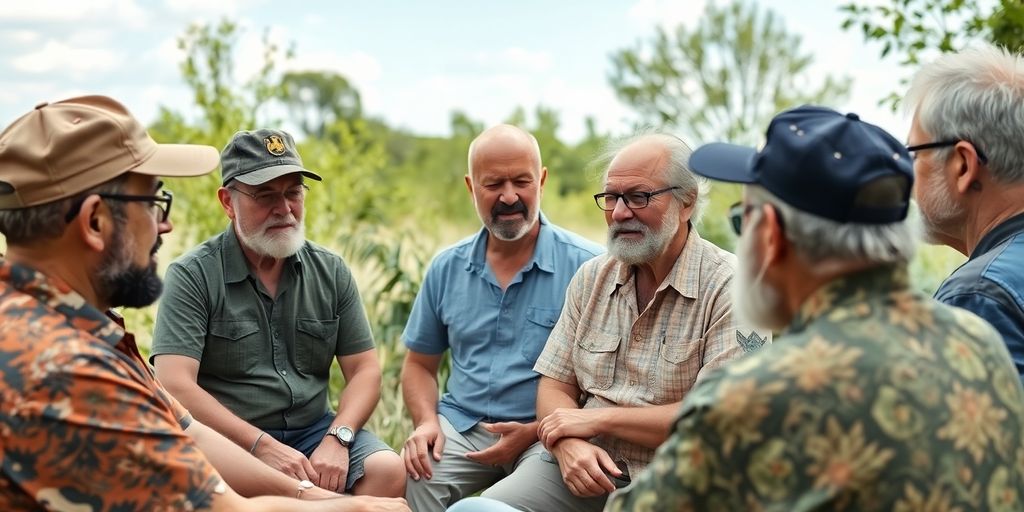 Veterans discussing wellness in a tranquil outdoor environment.