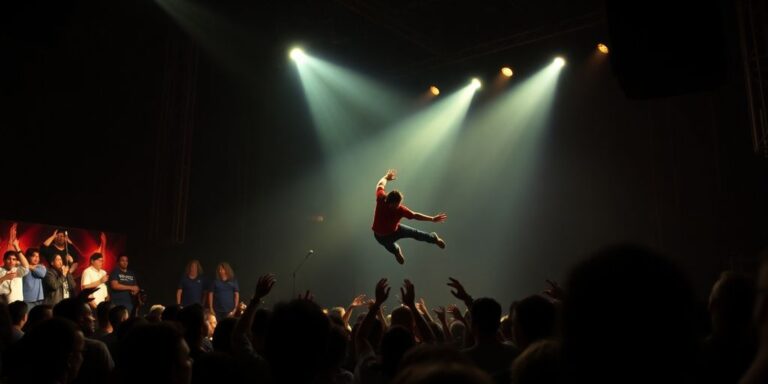 Crowd reacts as stage diver falls at concert.