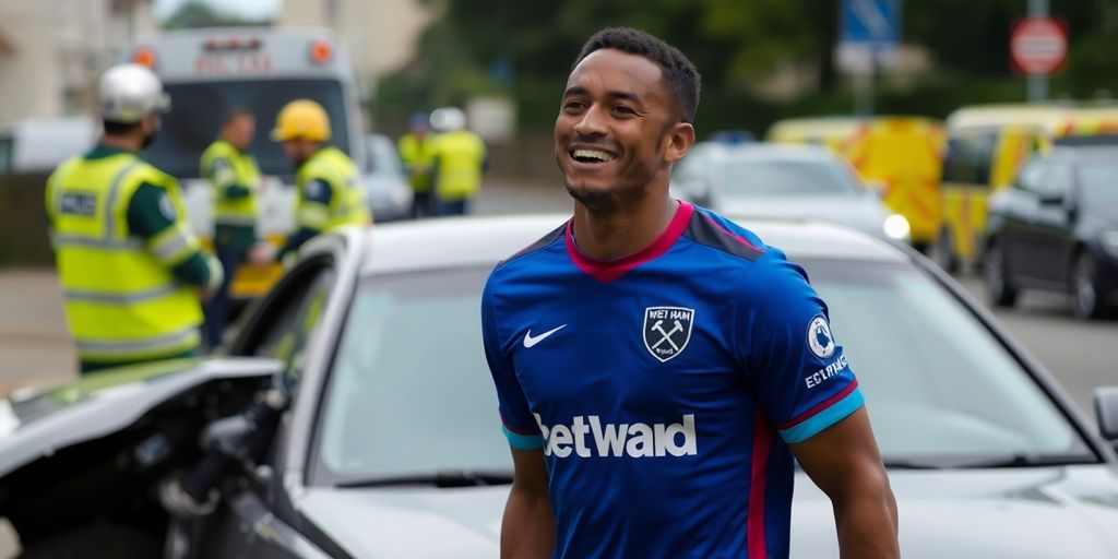 West Ham striker Michail Antonio near damaged car.