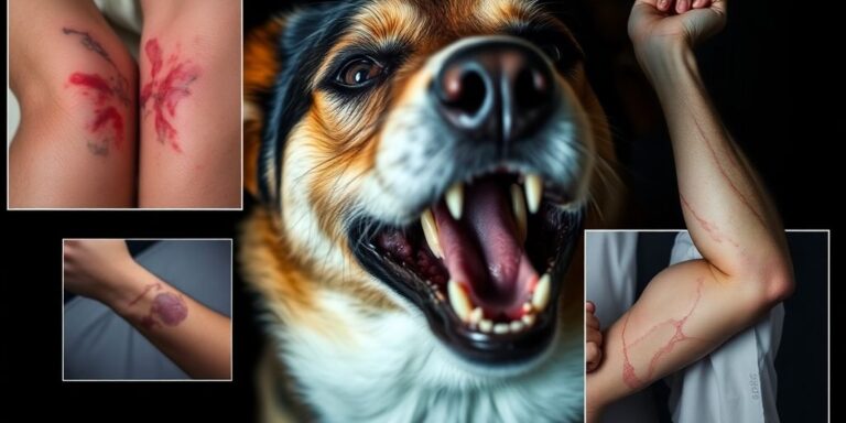 Aggressive dog with bared teeth and visible wounds.