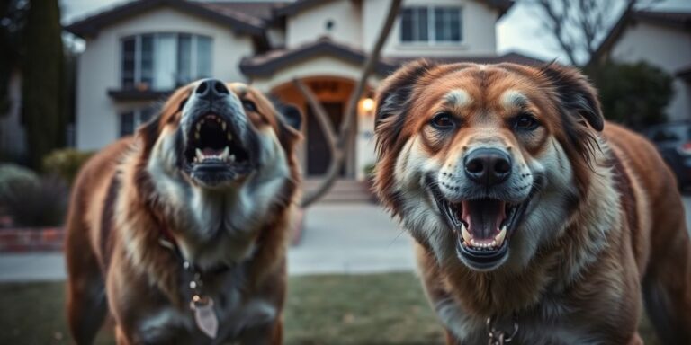 Two aggressive dogs in a suburban setting, tense moment.