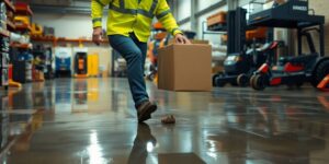 Delivery driver slipping on wet floor in rental store.