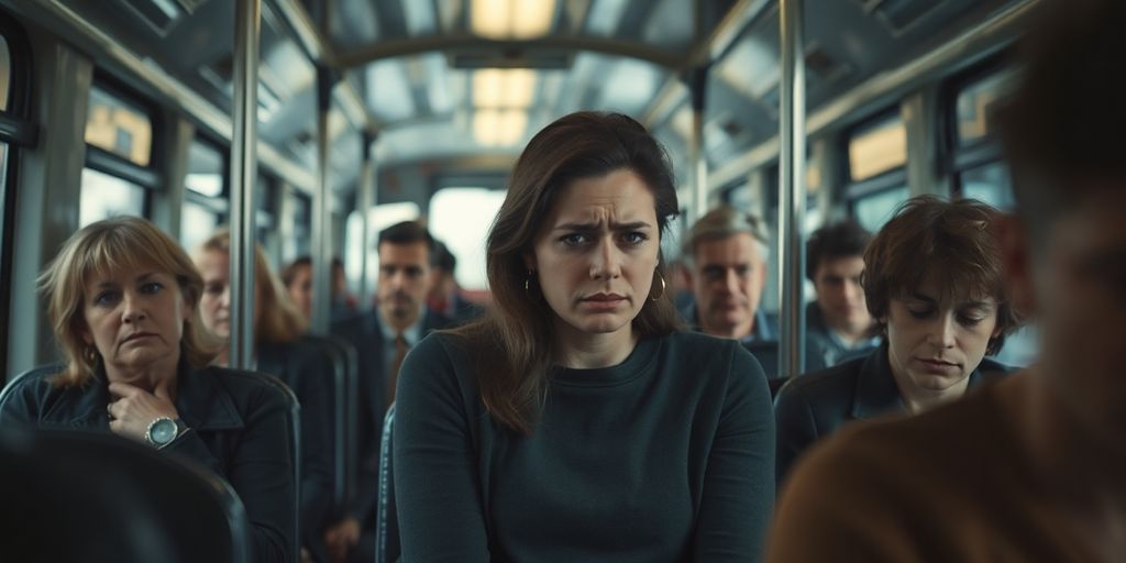 Woman with distressed expression on a crowded bus.