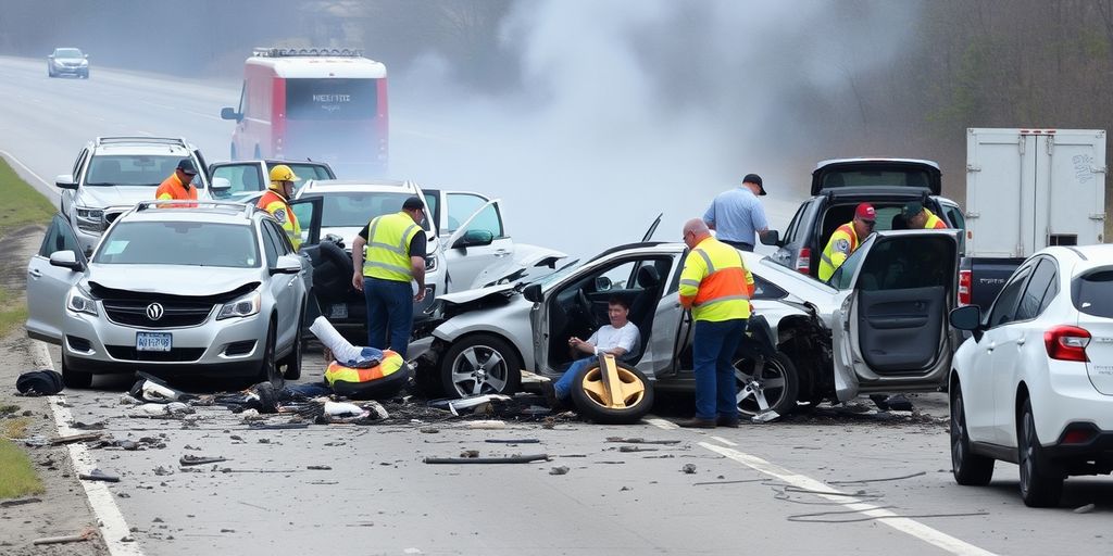 Major car accident scene with multiple vehicles and emergency responders.