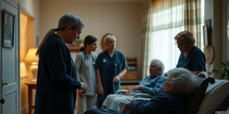 Staff caring for elderly residents in a nursing home.