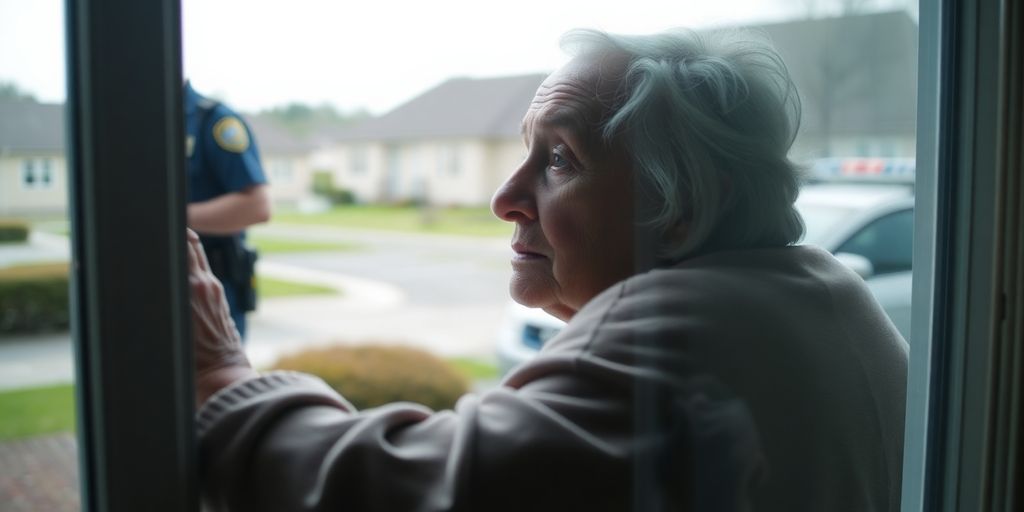 Elderly resident by window, police cars outside nursing home.