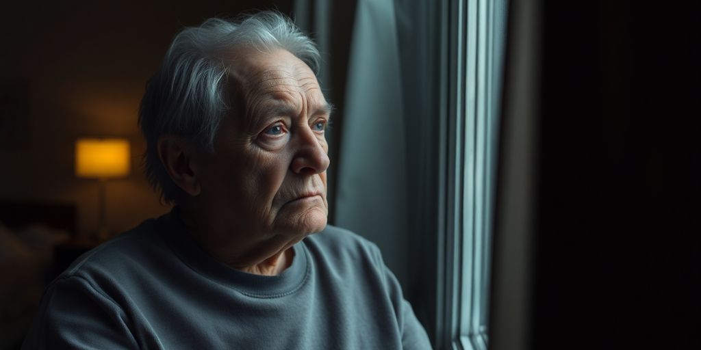 Elderly resident looking out a window in nursing home.