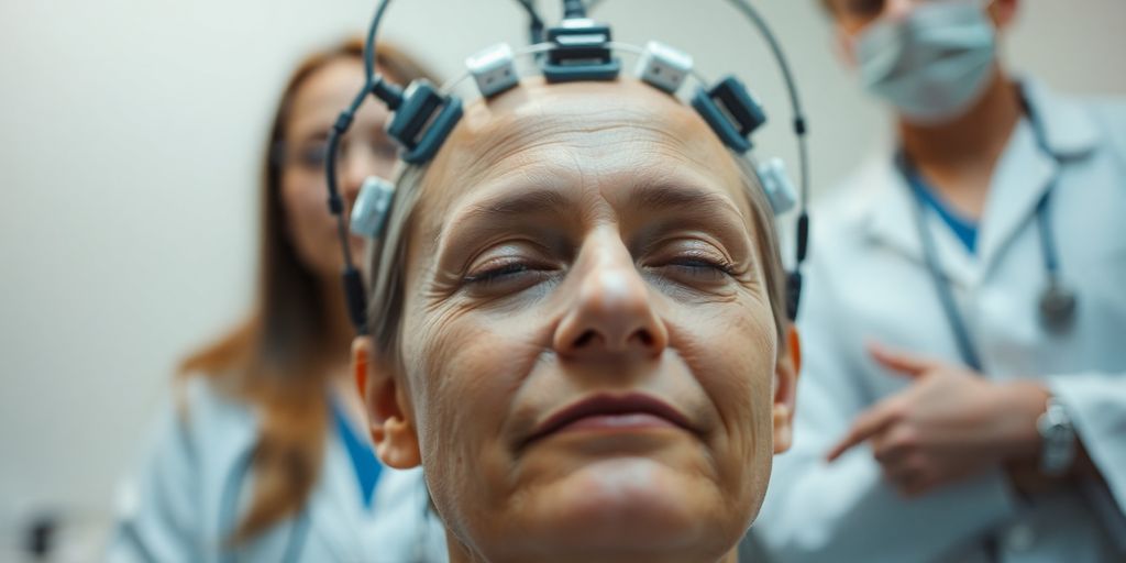 Patient receiving brain stimulation therapy in a clinical setting.