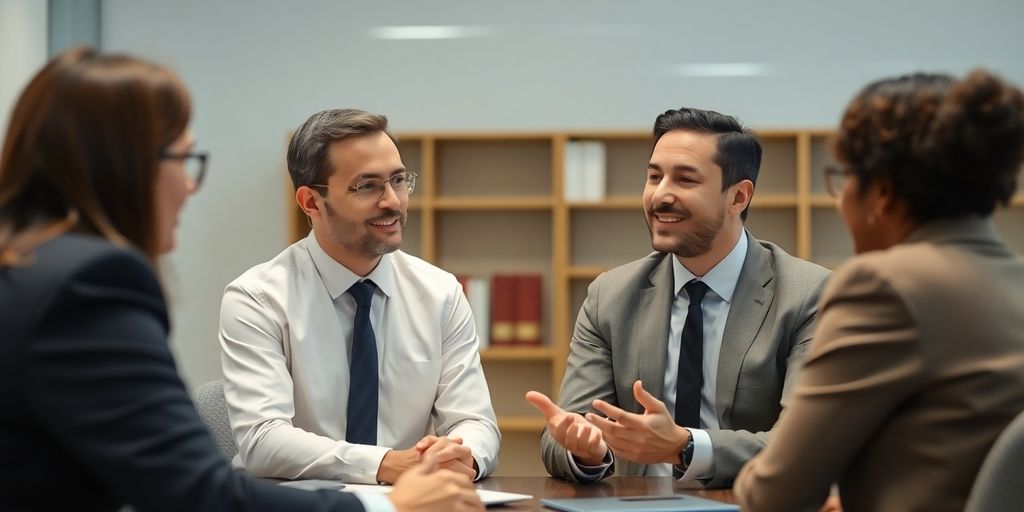 Attorney and client discussing legal matters in office.