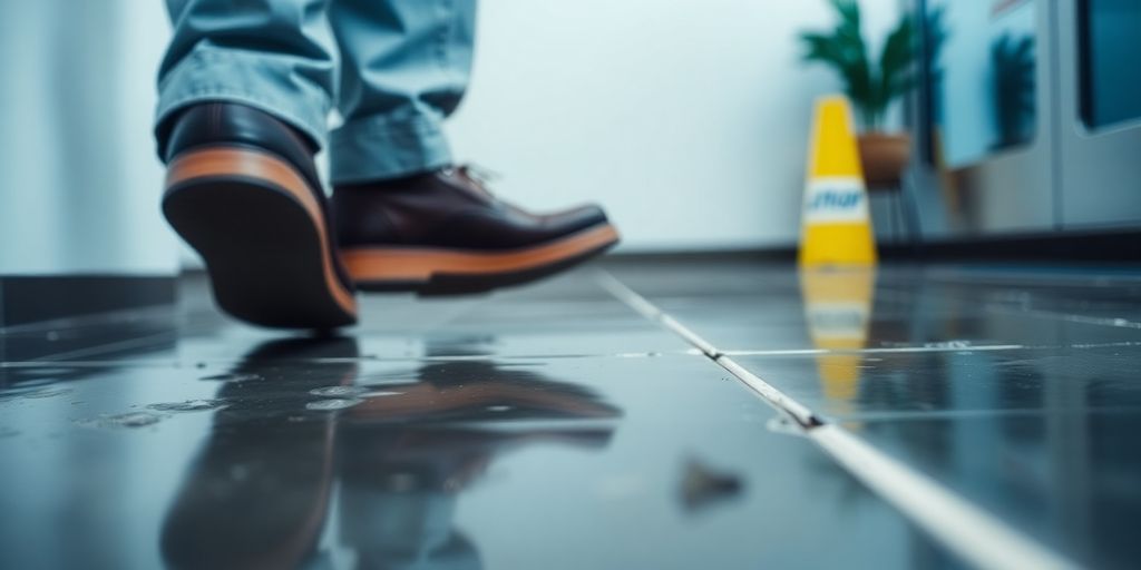 Person slipping on a wet floor, illustrating fall hazards.