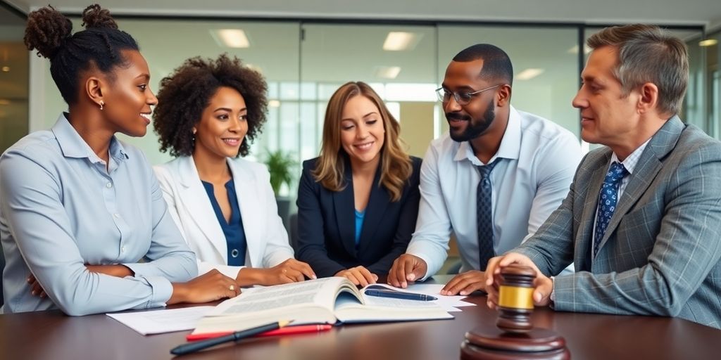 Group of diverse accident attorneys in a modern office.