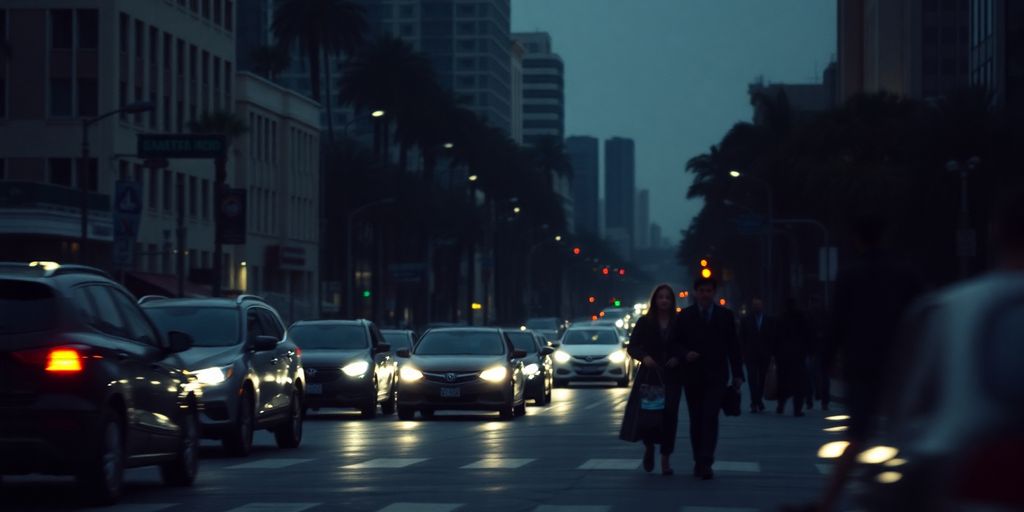 Busy San Diego street with pedestrians and vehicles.