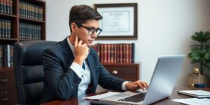 Lawyer writing an email at a stylish office desk.