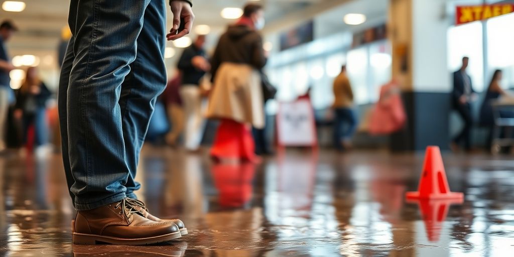 Person on wet floor looking worried about a fall.