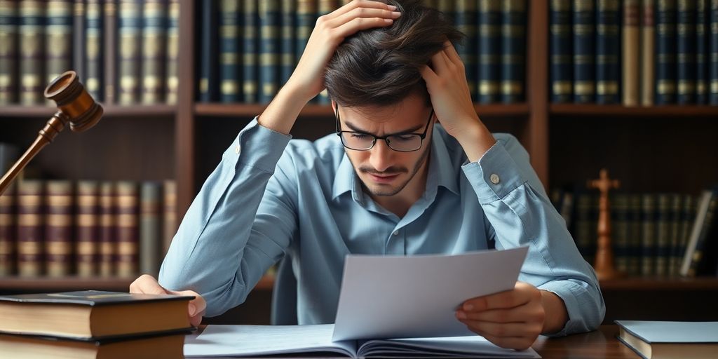 Frustrated person with legal documents at a desk.