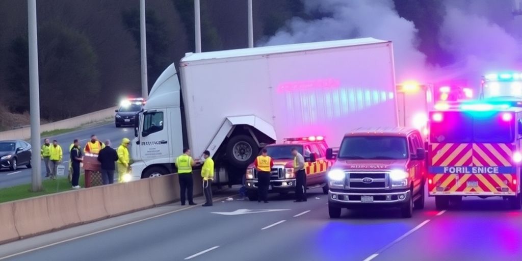 Box truck crash with emergency vehicles on highway.