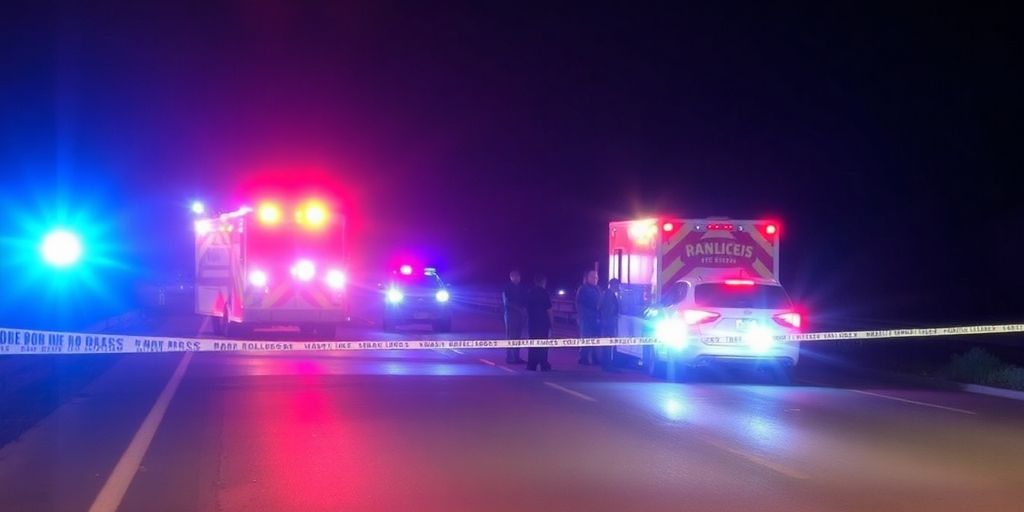 Emergency responders at a pedestrian accident scene on freeway.