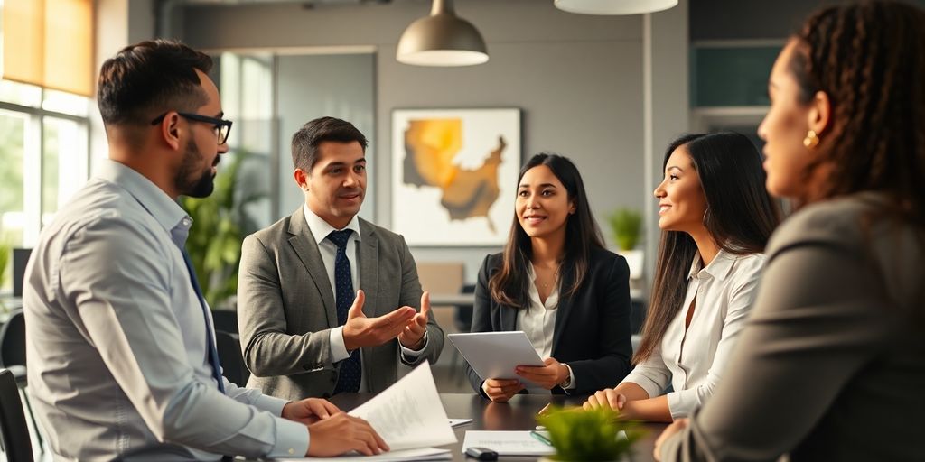 Attorney advising entrepreneurs in a modern office setting.