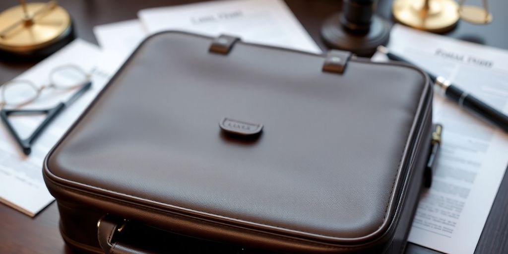 Close-up of a lawyer's briefcase and legal documents.